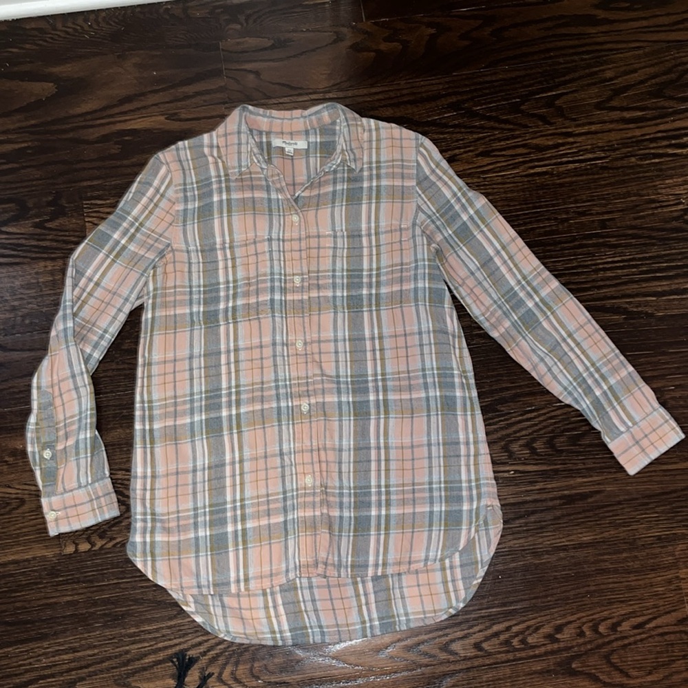 Madewell Pink & Gray‎ Flannel tunic long Button Down Shirt top xs